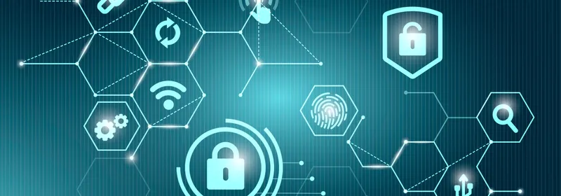 Íconos de candados, huella digital y conectividad sobre una red hexagonal